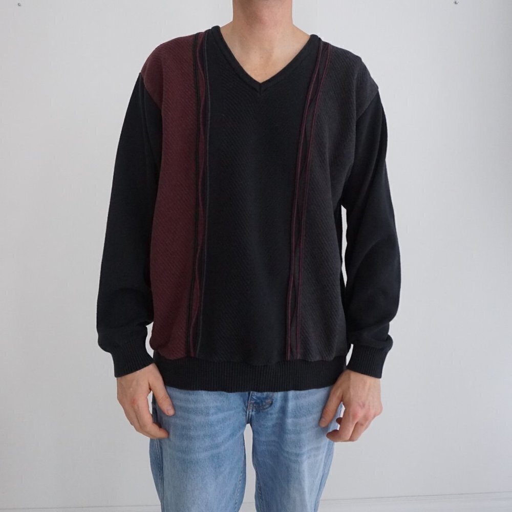 Vintage '90S Tosani Black Maroon Eclectic Grandpa 100% Cotton V-Neck Sweater M